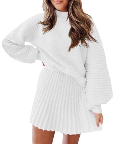 Zwurew Women's 2024 Long Sleeve Mock Neck Ribbed Sweater & Mini Skirt Set