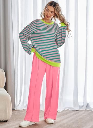 Kikibell Women's Striped Color Block Sweatshirt & Wide Leg Pants Trendy Tracksuit
