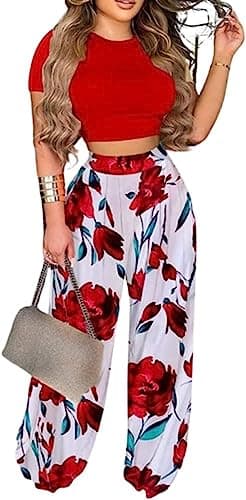 BFFBABY Women's Short Sleeve Crop Top & High Waist Wide Leg Long Pant Set