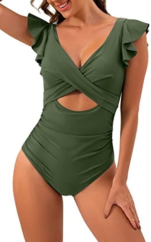 B2prity Women's Slimming V-Neck One Piece Swimwear with Ruffle Cutout