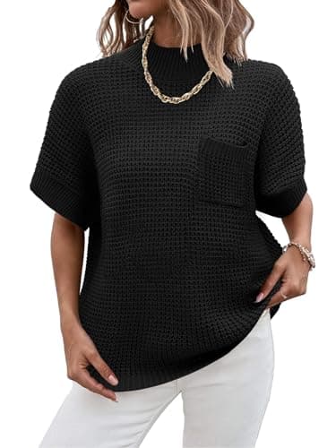 Zeagoo 2024 Women's Oversized Ribbed Knit Sweater Vest - Mock Neck, Batwing Short Sleeve, Fall Pullover (S-XXL)