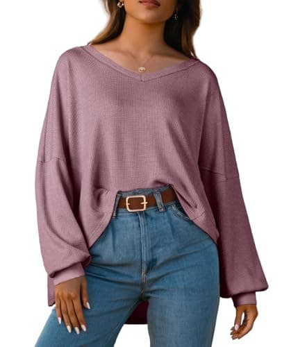 IWOLLENCE Women's Oversized Long Sleeve V-Neck Tunic Sweater Top