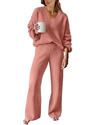 ANRABESS Women's Long Sleeve Cable Knit Set with Wide Leg Pants