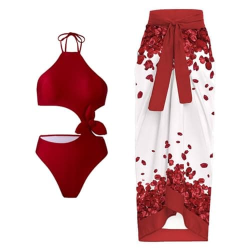 Cethrio Plus Size Vintage Printed Bodystyle Swimwear with Sarong Wrap Skirt
