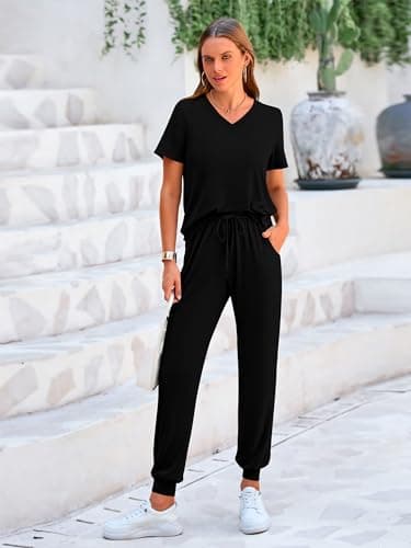 MASCOMODA Women's Summer V-NeckShort Sleeve Top & Long Pants Tracksuit