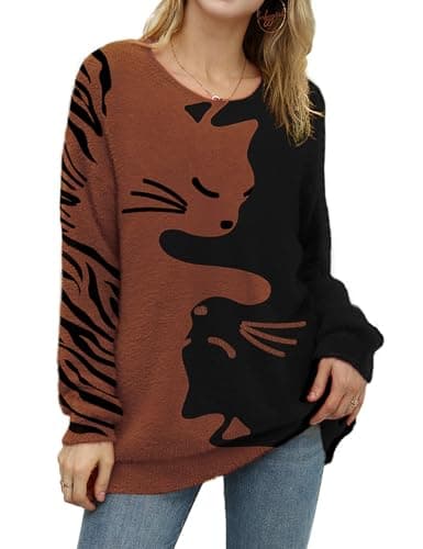 YESNO Women's Oversized Christmas Sweater with Graphic Print Casual Loose Knit Top S01