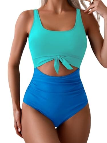 Eomenie Women's Tummy Control One Piece Swimwear with Cutout Tie Knot