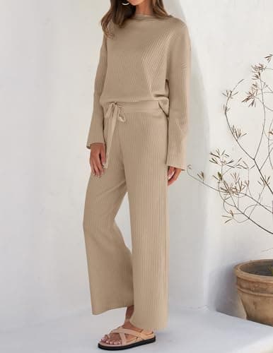 ZESICA Women's Casual Long Sleeve Knit Top & Wide Leg Pants Sweatsuit Set