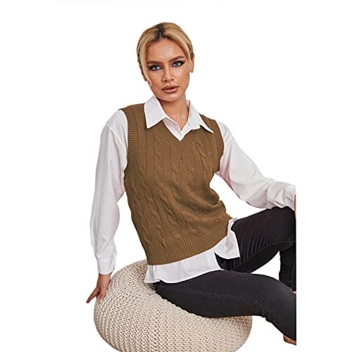 Fisoew Women's Vintage Knitted V-Neck Sleeveless Casual Vest