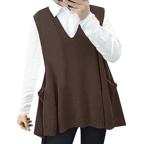 Oversized Women's V Neck Sweater Vest with Pockets