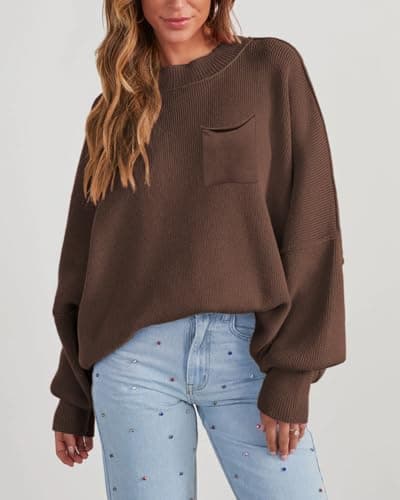 Women's Oversized 2025 Crewneck Ribbed Knit Batwing Sweater Tops