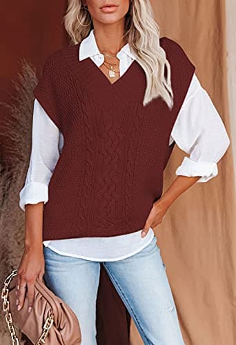 Cable Knit V Neck Tunic Sweater Vest for Women