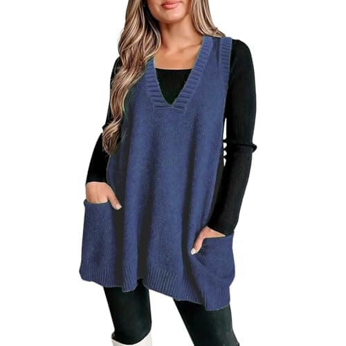 Xoxingysm Women's Oversized V-Neck Knit Tunic with Pockets
