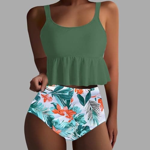 Yxzogd Women's 2025 Summer Ruffle Tankini Bikini Set Floral Swim Suit