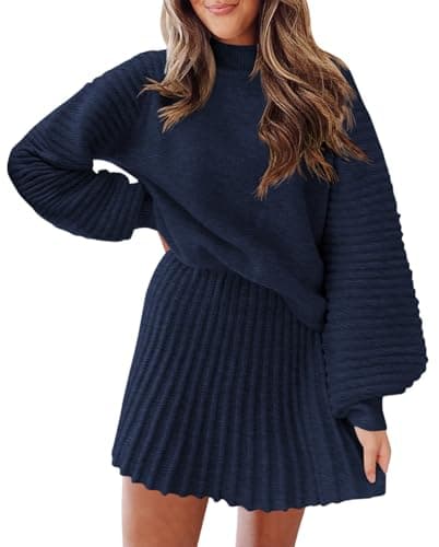 Zwurew Women's 2024 Long Sleeve Mock Neck Ribbed Sweater & Mini Skirt Set