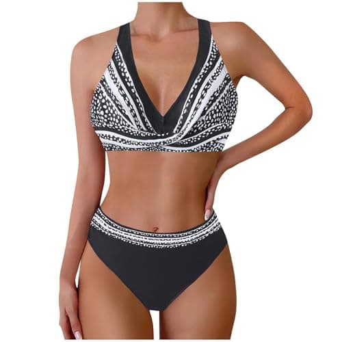Cethrio Plus Size Vintage Printed Tummy Control Bikini Set