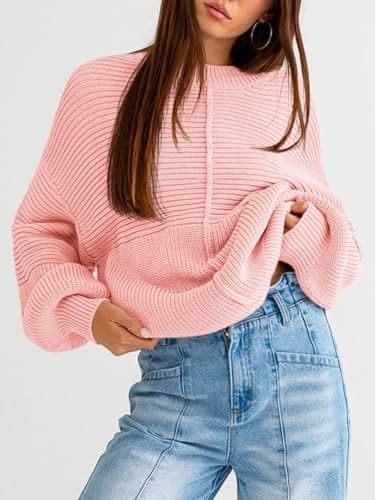 Langwyqu Women's Oversized Crew Neck Long Sleeve Knitted Pullover Tops