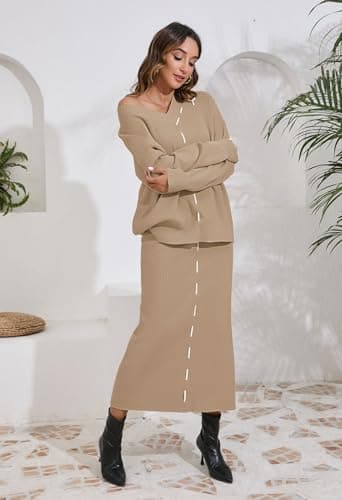 Pink Queen 2024 Women's V-Neck Sweater & Long Sleeve Maxi Skirt Casual Set