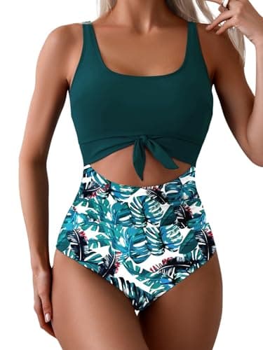Eomenie Women's Tummy Control One Piece Swimwear with Cutout Tie Knot