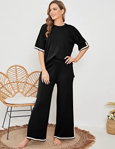 Faleave Women's Short Sleeve Knit Sweater & Elastic Waist Wide Leg Pants Lounge Set