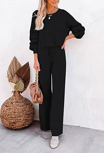 Pink Queen Women's 2-Piece Sweater Set Crop Top & Wide Leg Pants