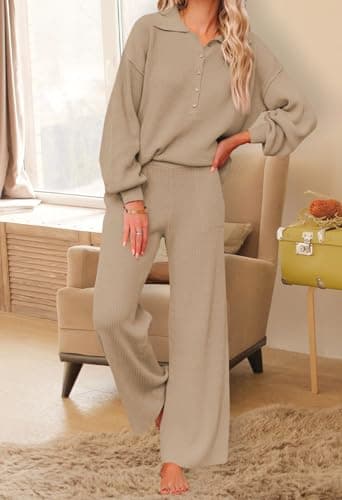 Pink Queen Women's Long Sleeve Button Knit Sweater Wide Leg Pants Outfit