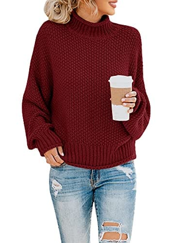 Saodimallsu Womens Oversized Batwing Turtleneck Knit Sweater