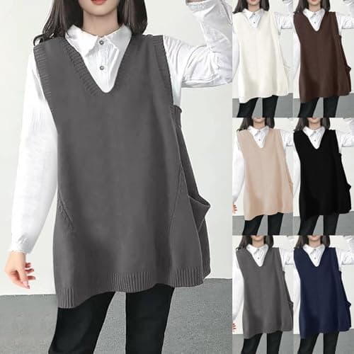 Oversized Women's V Neck Sweater Vest with Pockets