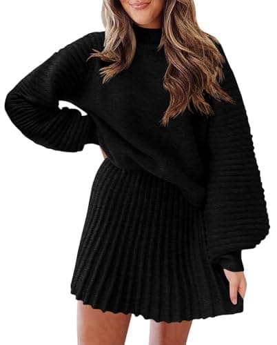 Zwurew Women's 2024 Long Sleeve Mock Neck Ribbed Sweater & Mini Skirt Set