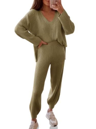 Tankaneo Women's Oversized V-Neck Sweater and Wide Leg Pants Loungewear Set