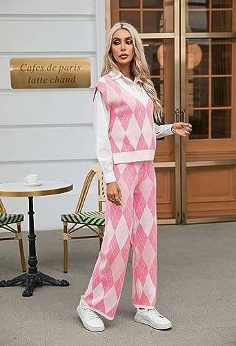 Viottiset Women's V-Neck Sleeveless Sweater Wide Leg Pants Sweatsuit Set