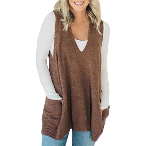 Flattering Oversized Women's Sleeveless V-Neck Knit Sweater Vest with Pockets