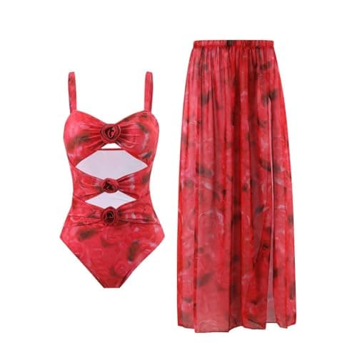 Cethrio Plus Size Vintage Printed Bodystyle Swimwear with Sarong Wrap Skirt