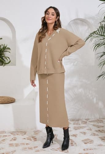 Pink Queen 2024 Women's V-Neck Sweater & Long Sleeve Maxi Skirt Casual Set