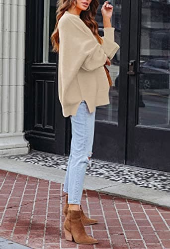 Women's 2023 Fall Oversized Sweater with Batwing Sleeves Ribbed Knit Tops