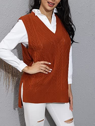 BWQ Women's Oversized Plaid V-Neck Cable Knit Sweater Tank Top