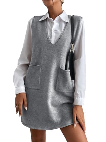 OYOANGLE Women's V-Neck Sleeveless Knitted Short Sweater Dress with Pockets