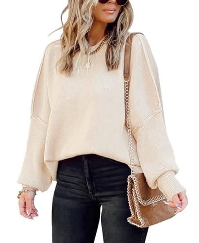 SAUKOLE Women's Oversized Batwing Sleeve Crewneck Knit Sweater