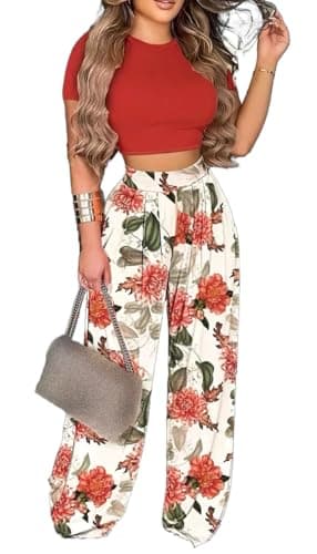 BFFBABY Women's Short Sleeve Crop Top & High Waist Wide Leg Long Pant Set