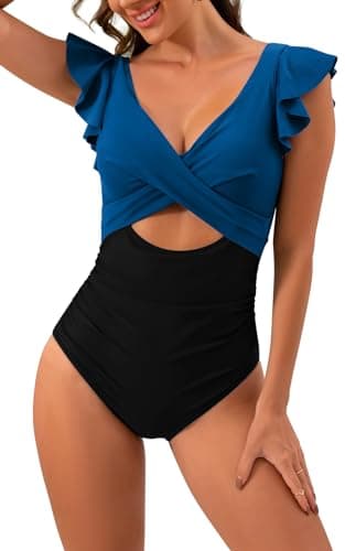 B2prity Women's Slimming V-Neck One Piece Swimwear with Ruffle Cutout