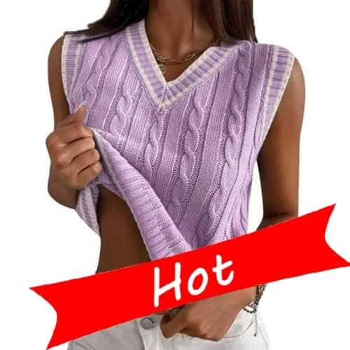 RefindWin Women's Casual V-Neck Cable Knit Sweater Vest