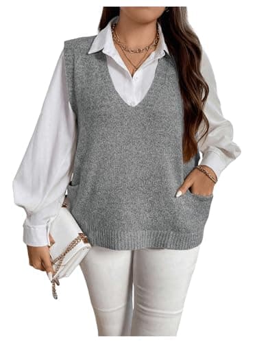 MakeMeChic Women's Plus Size Oversized V-Neck Knit Vest Top
