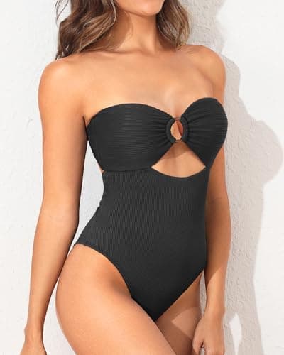 Holipick Women's Ribbed Strapless Cutout One Piece Swimsuit