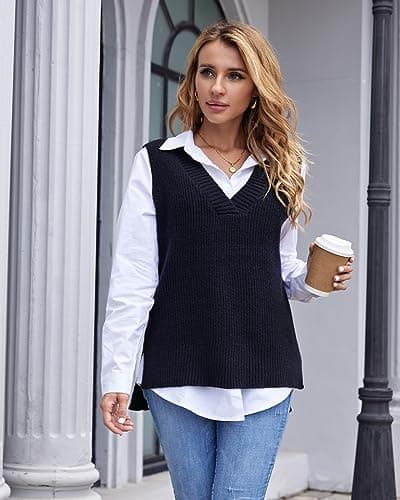 Fuinloth Women's Oversized V-Neck Knit Sweater Vest