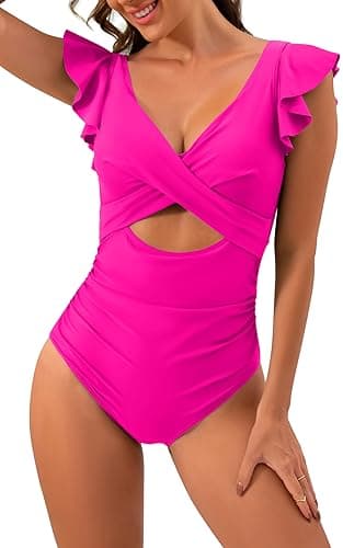 B2prity Women's Slimming V-Neck One Piece Swimwear with Ruffle Cutout