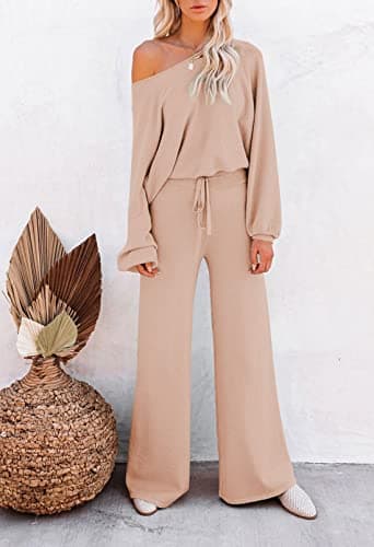 Apricot XL Women's 2-Piece Lounge Set with Long Sleeve Sweater and Wide Leg Pants