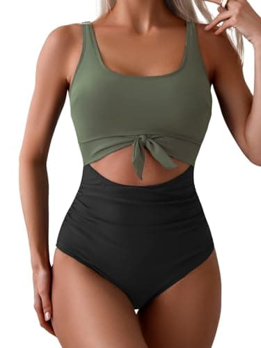 Eomenie Women's Tummy Control One Piece Swimwear with Cutout Tie Knot
