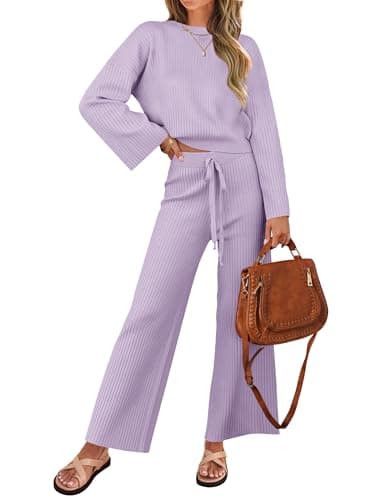 ZESICA Women's Casual Long Sleeve Knit Top & Wide Leg Pants Sweatsuit Set