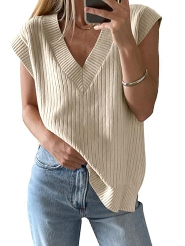 IPMQ Women's V-Neck Ribbed Knit Sweater Vest Casual Summer Top