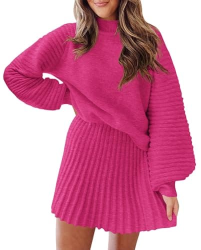 Zwurew Women's 2024 Long Sleeve Mock Neck Ribbed Sweater & Mini Skirt Set